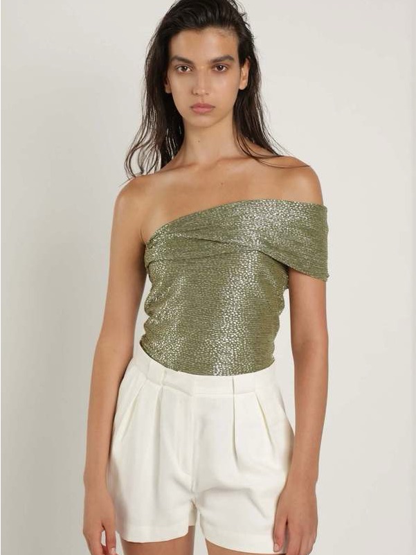 Sabina Musayev Illai Boysuit Olive Green Shimmery Xs Nwt Off The Shoulder Top